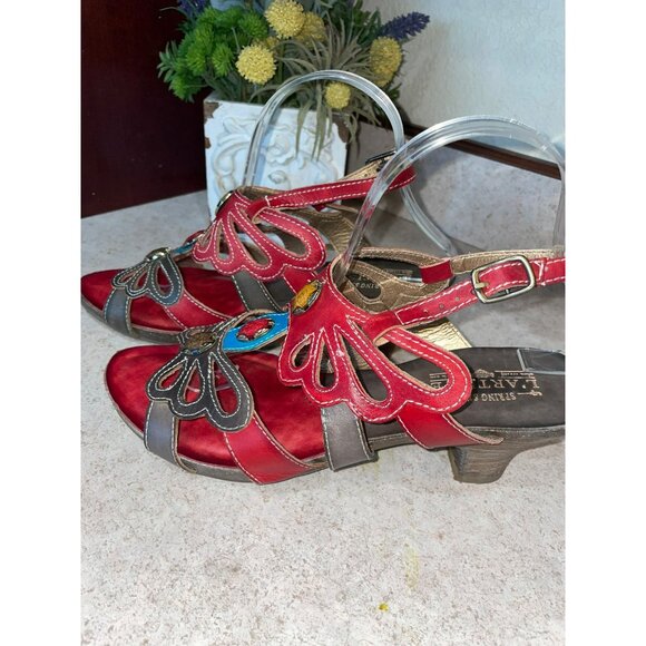 LArtiste Womens Red & Brown Leather Open-Toe Heeled Sandals With Gemstone Accent - Picture 4 of 10